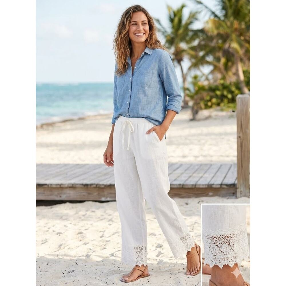 Kenar 100% Linen White Wide Leg Pants Embroidered Hem Drawstring Pull On Pants L